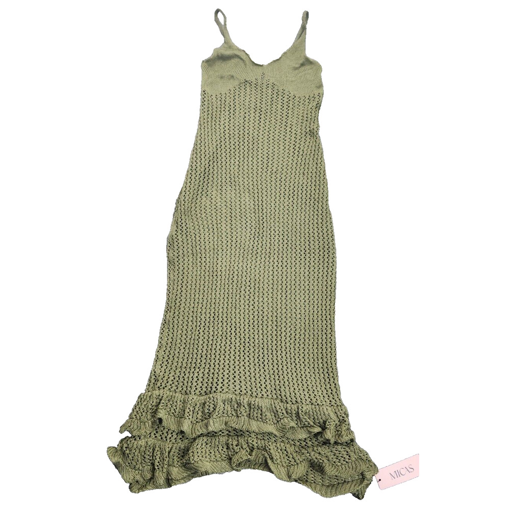 Micas Openwork Knit Long Bodycon Dress with Ruffle Hem Green size L